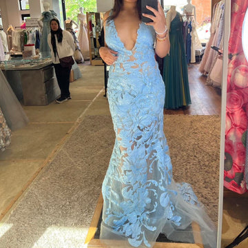 Niulatu V-neck Mermaid Blue Long Prom Dresses Applique Tulle Open Back Formal Dresses Blue Evening Dresses HZ1026